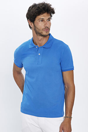 Erkek Slim Fit Dar Kesim %100 Pamuk Yumuşak Dokulu Düz Pike Saks Mavi Polo Yaka Tişört