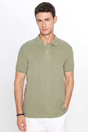 Erkek Slim Fit Dar Kesim %100 Pamuk Yumuşak Dokulu Düz Pike Haki Polo Yaka Tişört