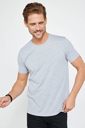 Erkek Slim Fit Dar Kesim Pamuklu Yumuşak Doku Likralı Esnek Kumaş Basic Gri Bisiklet Yaka Tişört
