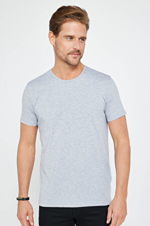 Erkek Slim Fit Dar Kesim Pamuklu Yumuşak Doku Likralı Esnek Kumaş Basic Gri Bisiklet Yaka Tişört