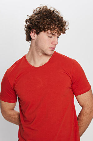 Erkek Slim Fit Dar Kesim Pamuklu Yumuşak Doku Likralı Esnek Kumaş Basic Kiremit Bisiklet Yaka Tişört