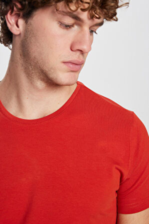 Erkek Slim Fit Dar Kesim Pamuklu Yumuşak Doku Likralı Esnek Kumaş Basic Kiremit Bisiklet Yaka Tişört