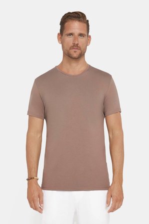 Erkek Slim Fit Dar Kesim Pamuklu Likralı Esnek Kumaş Basic Kahverengi Bisiklet Yaka Tişört