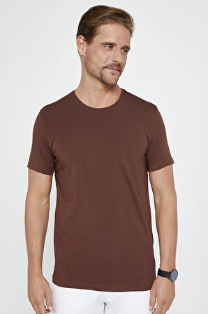 Erkek Slim Fit Dar Kesim Pamuklu Likralı Esnek Kumaş Basic Kahverengi Bisiklet Yaka Tişört