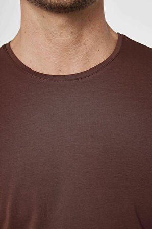 Erkek Slim Fit Dar Kesim Pamuklu Likralı Esnek Kumaş Basic Kahverengi Bisiklet Yaka Tişört