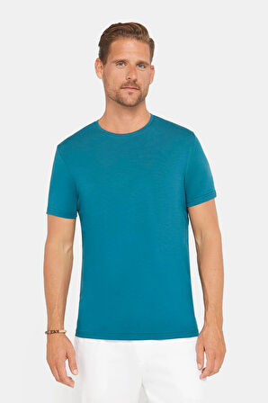 Erkek Slim Fit Dar Kesim Pamuklu Yumuşak Doku Likralı Esnek Kumaş Basic Petrol Bisiklet Yaka Tişört