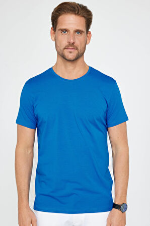 Erkek Slim Fit Dar Kesim Pamuklu Yumuşak Doku Likralı Esnek Kumaş Basic Turkuaz Bisiklet Yaka Tişört