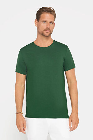 Erkek Slim Fit Dar Kesim Pamuklu Yumuşak Doku Likralı Esnek Kumaş Basic Yeşil Bisiklet Yaka Tişört