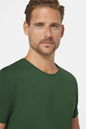 Erkek Slim Fit Dar Kesim Pamuklu Yumuşak Doku Likralı Esnek Kumaş Basic Yeşil Bisiklet Yaka Tişört