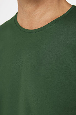 Erkek Slim Fit Dar Kesim Pamuklu Yumuşak Doku Likralı Esnek Kumaş Basic Yeşil Bisiklet Yaka Tişört