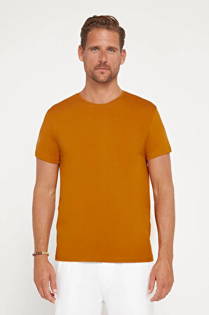 Erkek Slim Fit Dar Kesim Pamuklu Yumuşak Doku Likralı Esnek Kumaş Basic Taba Bisiklet Yaka Tişört