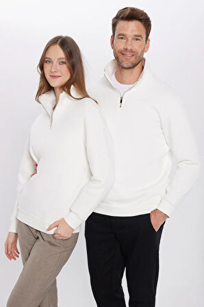 Unisex Relax Fit Rahat Kesim Pamuklu İçi Polarlı Yarım Fermuarlı Beyaz Dik Yaka Sweatshirt