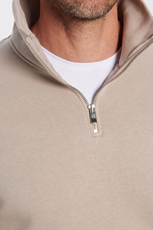Unisex Relax Fit Rahat Kesim Pamuklu İçi Polarlı Yarım Fermuarlı Taş Renk Dik Yaka Sweatshirt