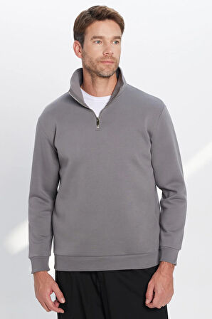 Unisex Relax Fit Rahat Kesim Pamuklu İçi Polarlı Yarım Fermuarlı Gri Dik Yaka Sweatshirt
