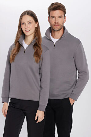 Unisex Relax Fit Rahat Kesim Pamuklu İçi Polarlı Yarım Fermuarlı Gri Dik Yaka Sweatshirt