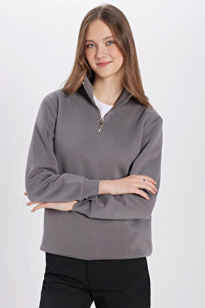 Unisex Relax Fit Rahat Kesim Pamuklu İçi Polarlı Yarım Fermuarlı Gri Dik Yaka Sweatshirt