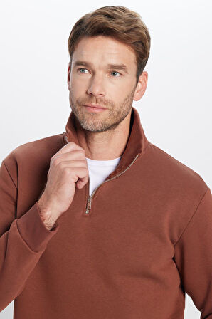 Unisex Relax Fit Rahat Kesim Pamuklu İçi Polarlı Yarım Fermuarlı Kahverengi Dik Yaka Sweatshirt