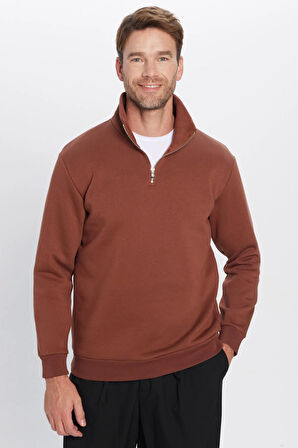 Unisex Relax Fit Rahat Kesim Pamuklu İçi Polarlı Yarım Fermuarlı Kahverengi Dik Yaka Sweatshirt