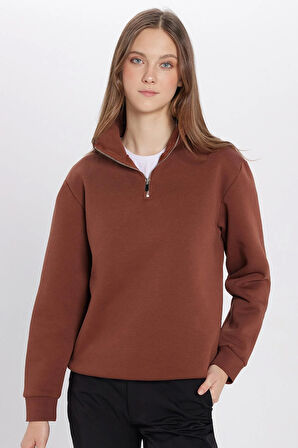 Unisex Relax Fit Rahat Kesim Pamuklu İçi Polarlı Yarım Fermuarlı Kahverengi Dik Yaka Sweatshirt