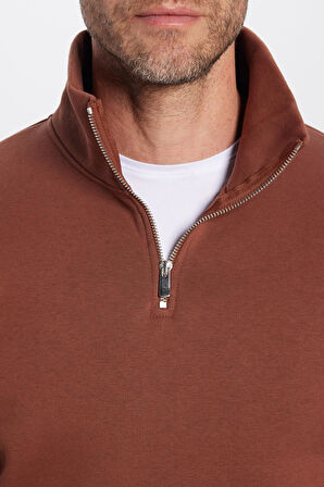 Unisex Relax Fit Rahat Kesim Pamuklu İçi Polarlı Yarım Fermuarlı Kahverengi Dik Yaka Sweatshirt
