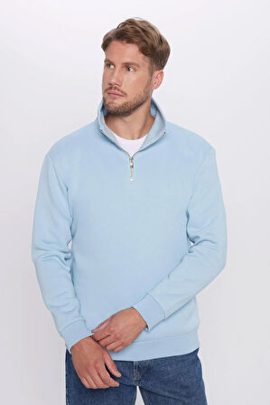 Unisex Relax Fit Rahat Kesim Pamuklu İçi Polarlı Yarım Fermuarlı Mavi Dik Yaka Sweatshirt