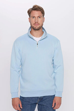 Unisex Relax Fit Rahat Kesim Pamuklu İçi Polarlı Yarım Fermuarlı Mavi Dik Yaka Sweatshirt