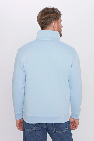 Unisex Relax Fit Rahat Kesim Pamuklu İçi Polarlı Yarım Fermuarlı Mavi Dik Yaka Sweatshirt
