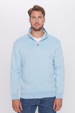Unisex Relax Fit Rahat Kesim Pamuklu İçi Polarlı Yarım Fermuarlı Mavi Dik Yaka Sweatshirt