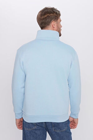 Unisex Relax Fit Rahat Kesim Pamuklu İçi Polarlı Yarım Fermuarlı Mavi Dik Yaka Sweatshirt