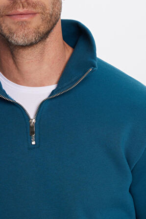 Unisex Relax Fit Rahat Kesim Pamuklu İçi Polarlı Yarım Fermuarlı İndigo Dik Yaka Sweatshirt