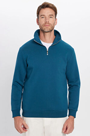 Unisex Relax Fit Rahat Kesim Pamuklu İçi Polarlı Yarım Fermuarlı İndigo Dik Yaka Sweatshirt
