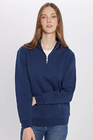 Unisex Relax Fit Rahat Kesim Pamuklu İçi Polarlı Yarım Fermuarlı Lacivert Dik Yaka Sweatshirt