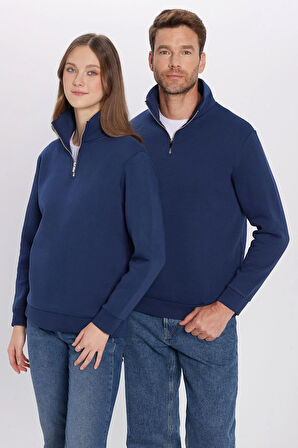 Unisex Relax Fit Rahat Kesim Pamuklu İçi Polarlı Yarım Fermuarlı Lacivert Dik Yaka Sweatshirt