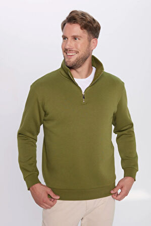 Unisex Relax Fit Rahat Kesim Pamuklu İçi Polarlı Yarım Fermuarlı Haki Dik Yaka Sweatshirt