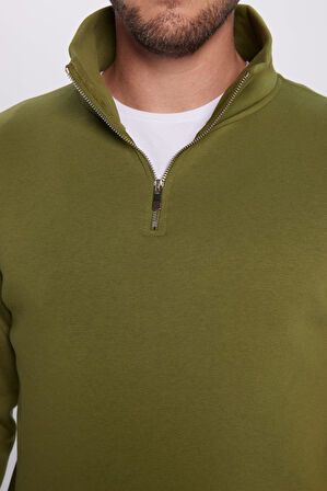 Unisex Relax Fit Rahat Kesim Pamuklu İçi Polarlı Yarım Fermuarlı Haki Dik Yaka Sweatshirt