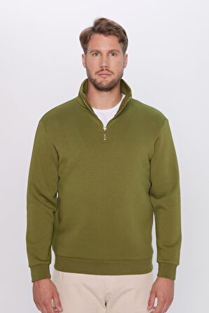 Unisex Relax Fit Rahat Kesim Pamuklu İçi Polarlı Yarım Fermuarlı Haki Dik Yaka Sweatshirt