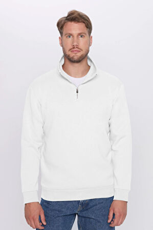 Unisex Relax Fit Rahat Kesim %100 Pamuk Yarım Fermuarlı Beyaz Dik Yaka Sweatshirt