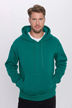 Unisex Oversize Geniş Kesim Pamuklu Yumuşak Dokulu İçi Polarlı Basic Yeşil Kapüşonlu Sweatshirt