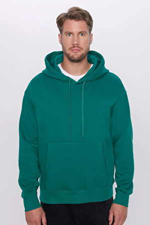 Unisex Oversize Geniş Kesim Pamuklu Yumuşak Dokulu İçi Polarlı Basic Yeşil Kapüşonlu Sweatshirt