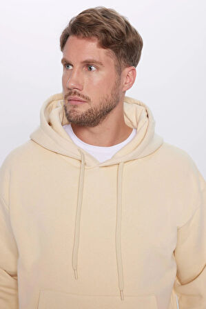 Unisex Oversize Geniş Kesim Pamuklu Yumuşak Dokulu İçi Polarlı Basic Bej Kapüşonlu Sweatshirt