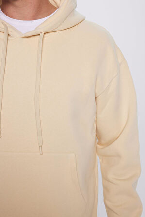 Unisex Oversize Geniş Kesim Pamuklu Yumuşak Dokulu İçi Polarlı Basic Bej Kapüşonlu Sweatshirt