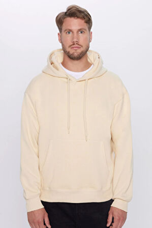 Unisex Oversize Geniş Kesim Pamuklu Yumuşak Dokulu İçi Polarlı Basic Bej Kapüşonlu Sweatshirt