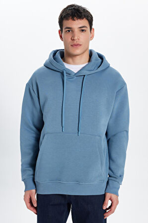 Unisex Oversize Geniş Kesim Pamuklu Yumuşak Dokulu İçi Polarlı Basic İndigo Kapüşonlu Sweatshirt