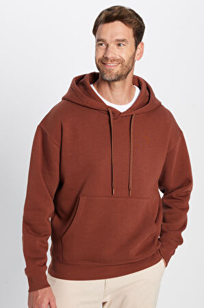Unisex Oversize Geniş Kesim Pamuklu Yumuşak Dokulu İçi Polarlı Basic Kahverengi Kapüşonlu Sweatshirt