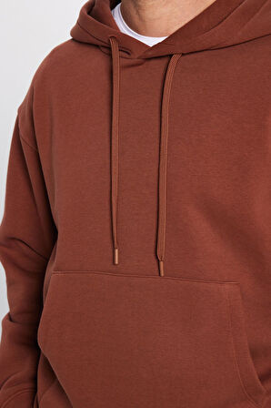 Unisex Oversize Geniş Kesim Pamuklu Yumuşak Dokulu İçi Polarlı Basic Kahverengi Kapüşonlu Sweatshirt