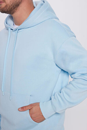Unisex Oversize Geniş Kesim Pamuklu Yumuşak Dokulu İçi Polarlı Basic Mavi Kapüşonlu Sweatshirt
