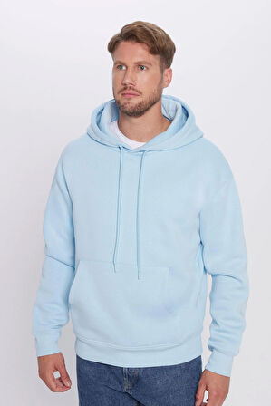Unisex Oversize Geniş Kesim Pamuklu Yumuşak Dokulu İçi Polarlı Basic Mavi Kapüşonlu Sweatshirt