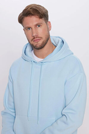 Unisex Oversize Geniş Kesim Pamuklu Yumuşak Dokulu İçi Polarlı Basic Mavi Kapüşonlu Sweatshirt