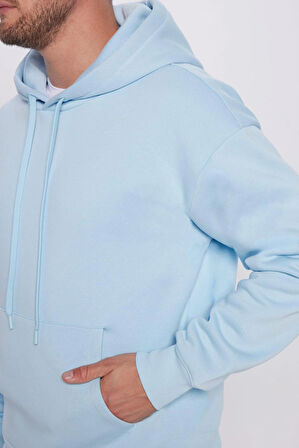 Unisex Oversize Geniş Kesim Pamuklu Yumuşak Dokulu İçi Polarlı Basic Mavi Kapüşonlu Sweatshirt