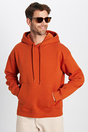 Unisex Oversize Geniş Kesim Pamuklu Yumuşak Dokulu Basic Kiremit Renk Kapüşonlu Sweatshirt